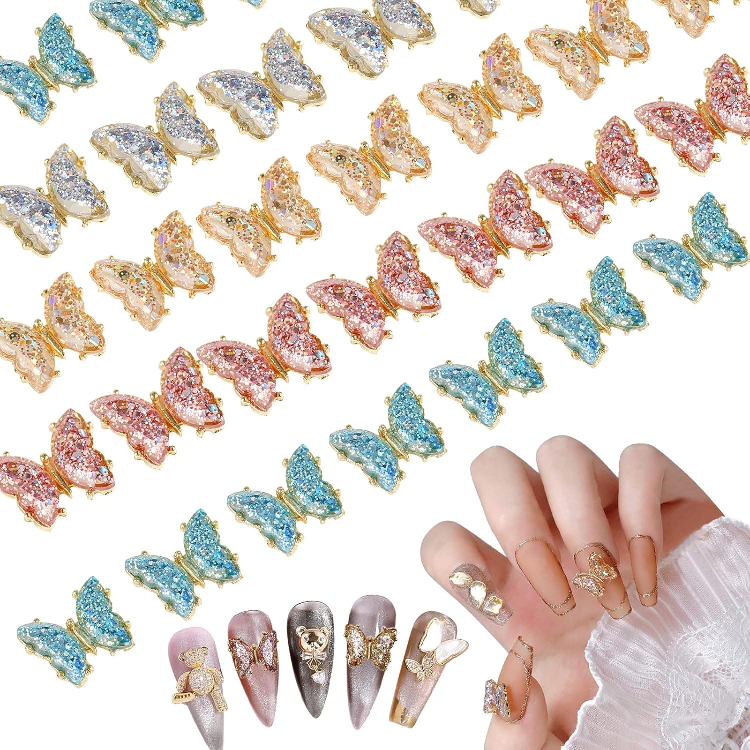 Ownsig 40pcs 3D Butterfly Nail Gems, Rhinestones for Nails, Butterfly Glitter Nail Charms, Butterflies for Nail Art Design, Colorful Nail Diamonds, Nail Butterfly for DIY Nail Decor, Nail Art Crystal