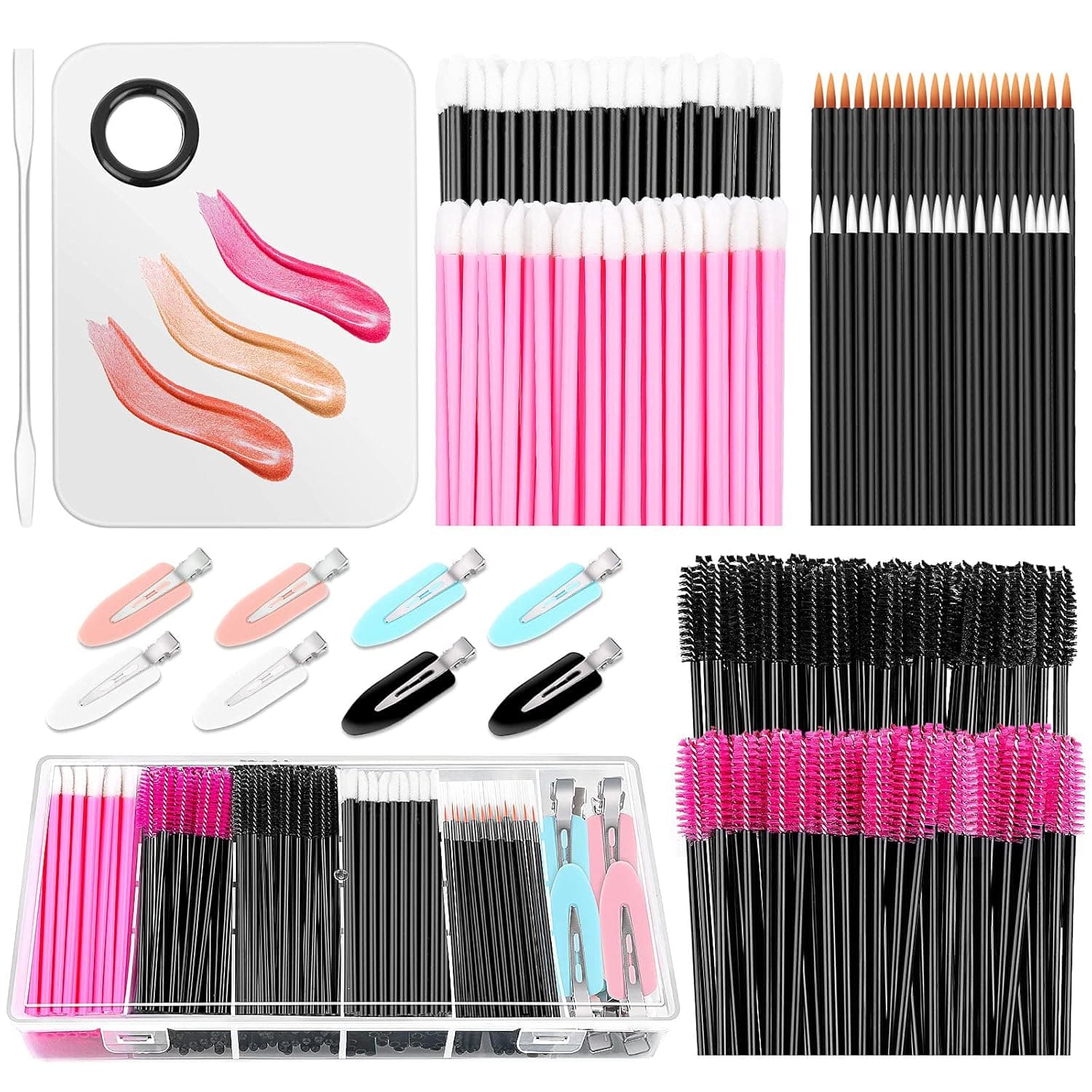 Disposable Makeup Applicators Kit, Shynek Makeup Mixing Tray with Disposable Makeup Accessories Tools for Makeup Artist Mascara Wands, Lip Applicators, Makeup Hair Clips with Organizer Box