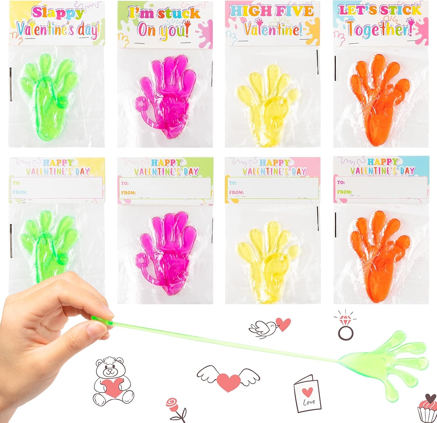 Haooryx 28 Pack Cards with Sticky Hands for Kids, Glitter Sticky Hand Class Greeting Cards Stretchy Snap Toys for Classroom Gift Exchange Party Favor Toys Bulk Stocking Stuffers