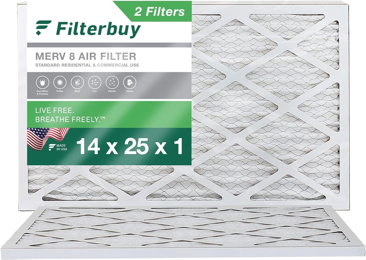 Filterbuy 14x25x1 Air Filter MERV 8 Dust Defense (2-Pack), Pleated HVAC AC Furnace Air Filters Replacement (Actual Size: 13.50 x 24.50 x 0.75 Inches)