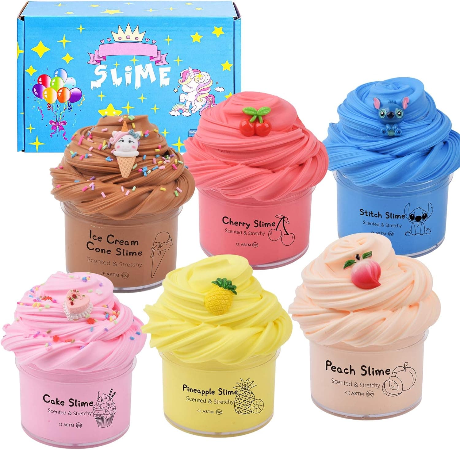 Surprise Slime Set,6 Pack Butter Slime Kit with Unicorn Slime,Cake Slime,Stitch Slime,Pineapple Slime,Cherry Slime,Peach Slime,Soft and Non Sticky ,Scented Sludge Toys for Girls and Boys