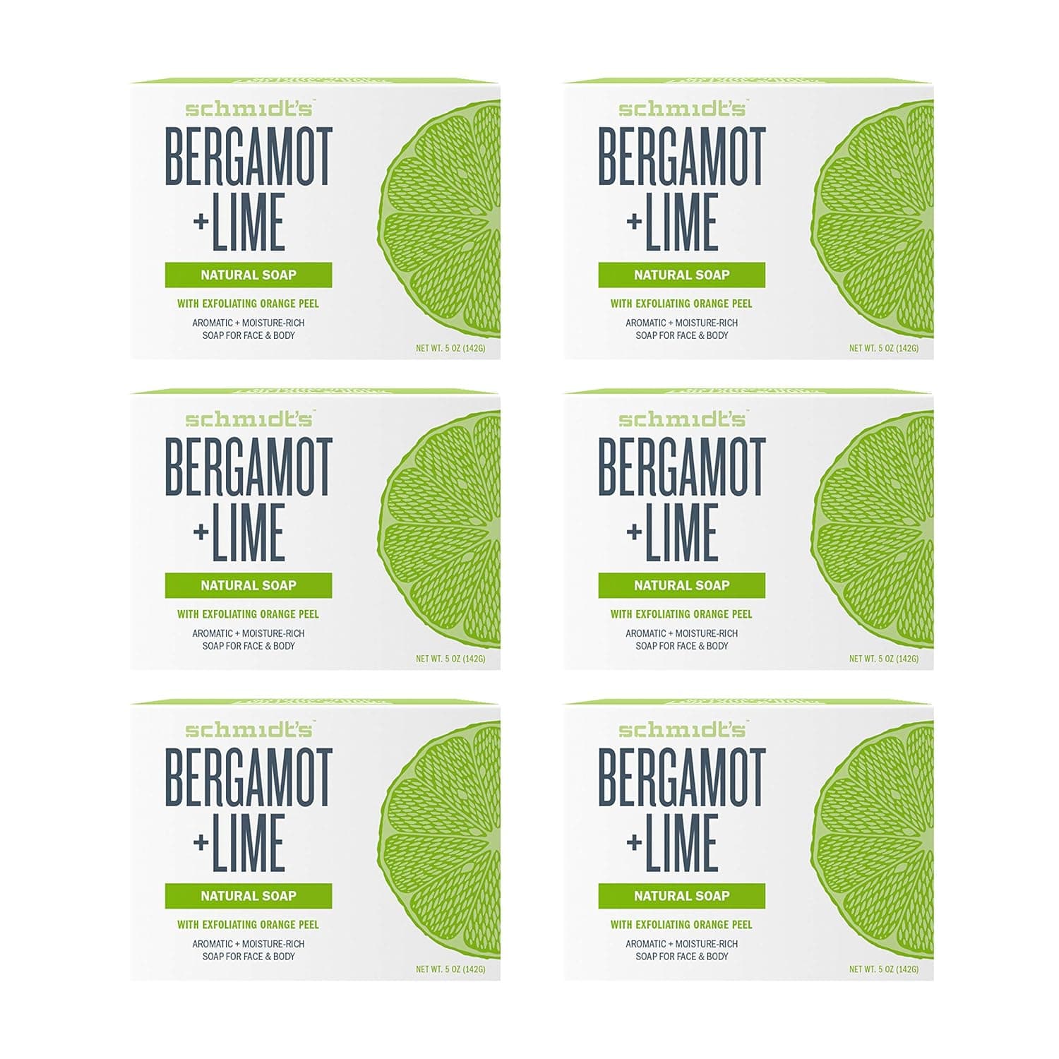 Schmidt's Natural Bar Soap For Face & Body, Bergamont + Lime Aromatic & Moisture Rich Gentle Skin Cleanser 5 oz Pack of 6
