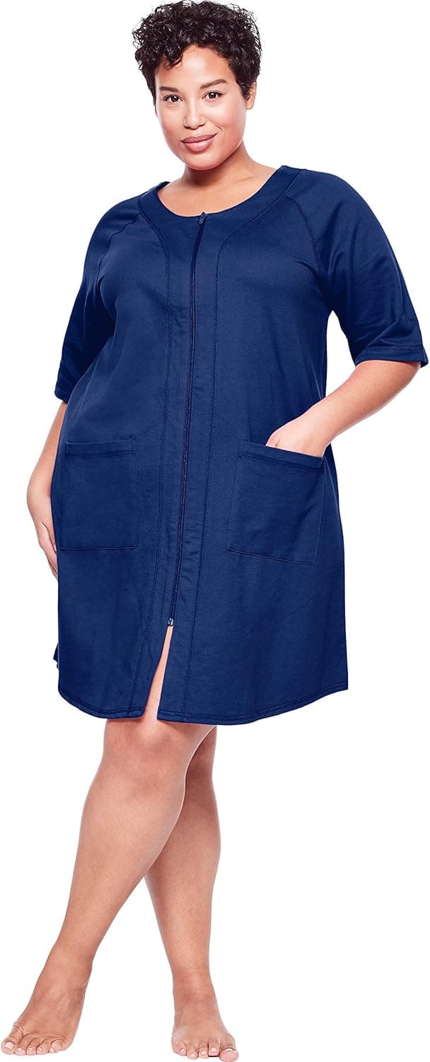 Dreams & Co. Women's Plus Size Short French Terry Zip-Front Robe - 4X, Evening Blue