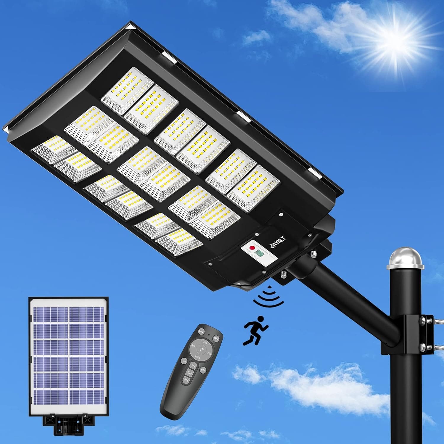 JAYNLT 1000W Solar Street Lights Outdoor,180000LM High Lumen Solar Parking Lot Lights Commercial Dusk to Dawn, IP67 Waterproof 6500K Solar Security Flood Lights Motion Sensor for Yard, Garage