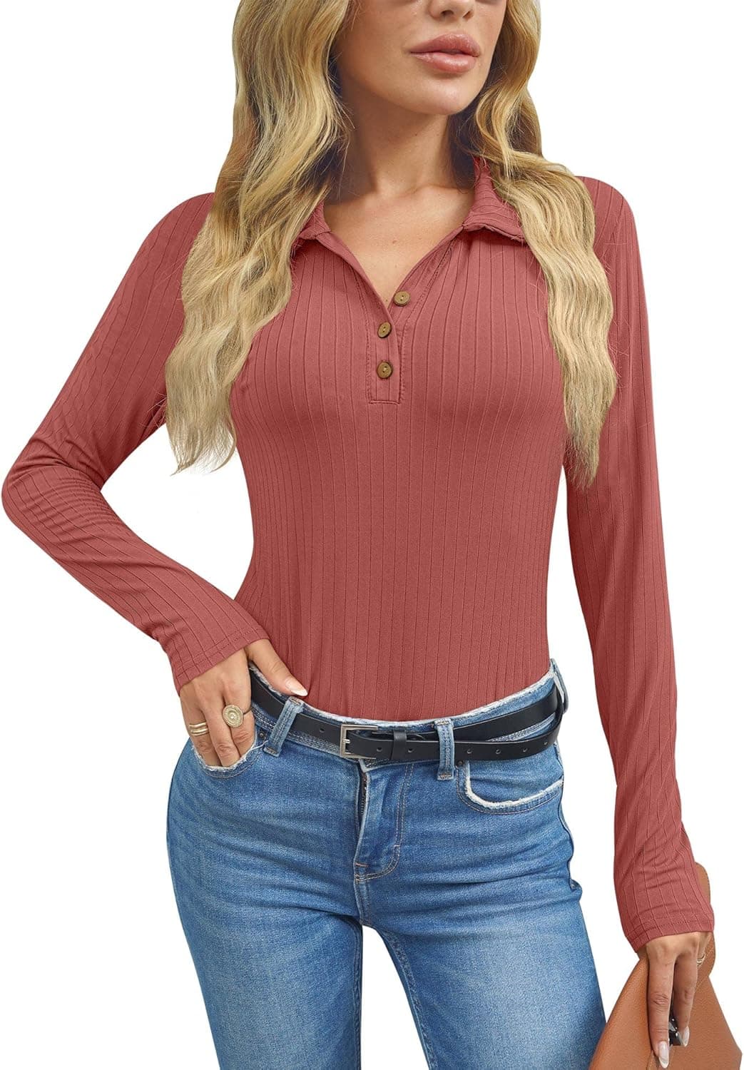 For G and PL Womens V Neck Long Sleeve Henley Shirt Slim Fit Ribbed Knit Button Down Blouses Top