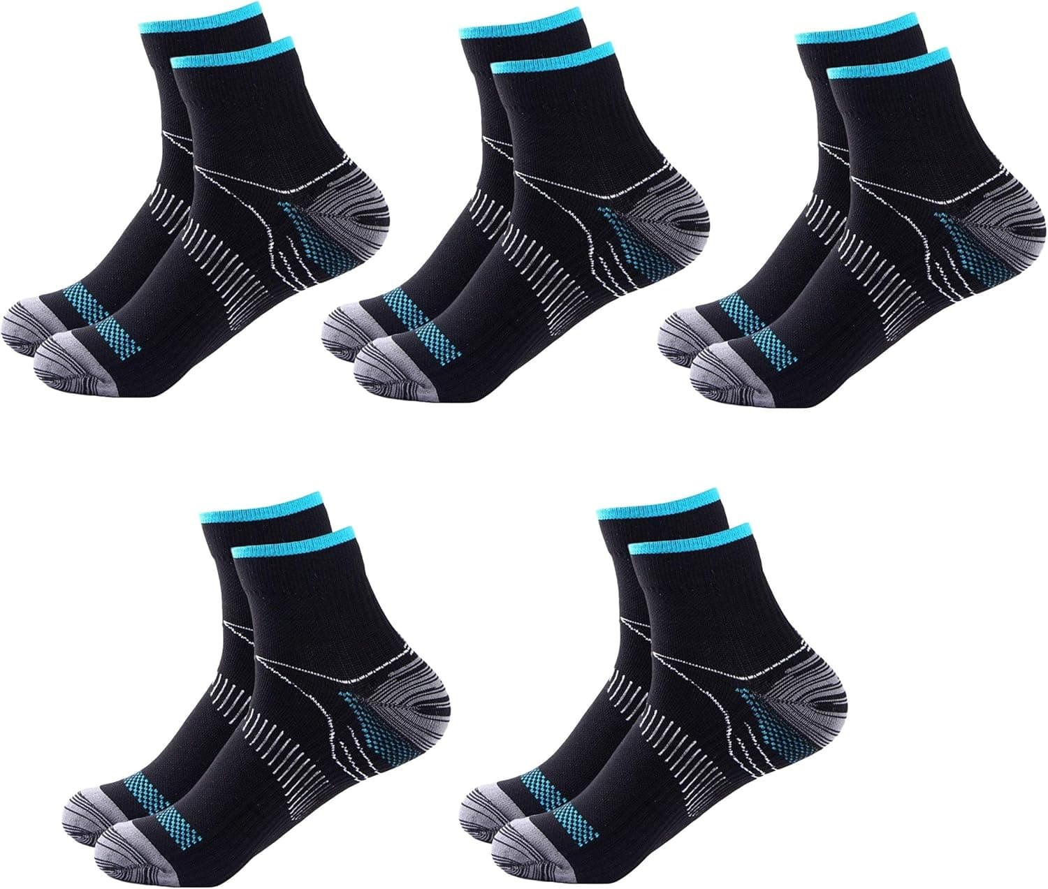 Bcurb Compression Socks Arch Foot Heel Support Low Cut Ankle Support For Plantar Fasciitis Heel Spurs Pain Relief. (Black/Blue/Grey - 5 Pair, Small/Medium)