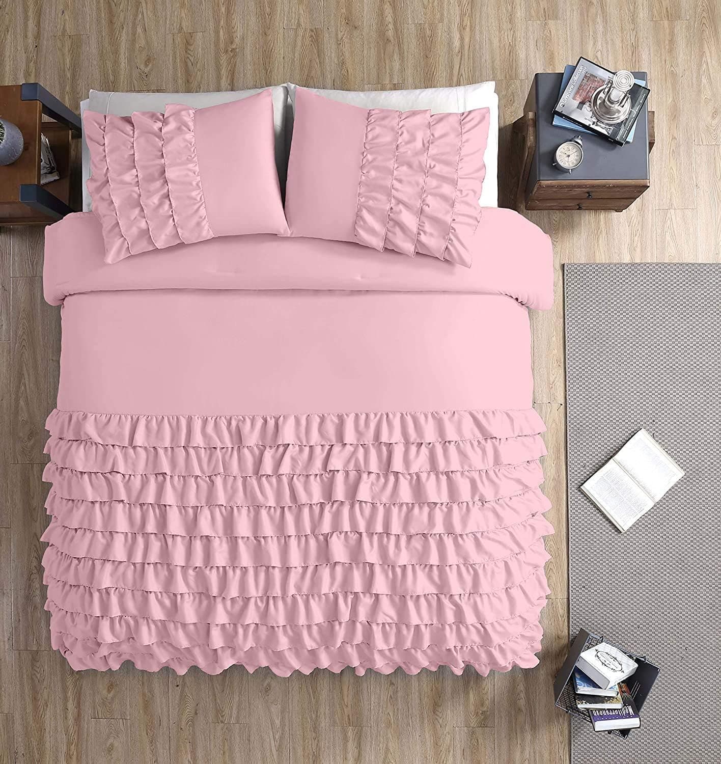 Ella 3-Piece Waterfall Ruffle Comforter Set (Full, Pink)