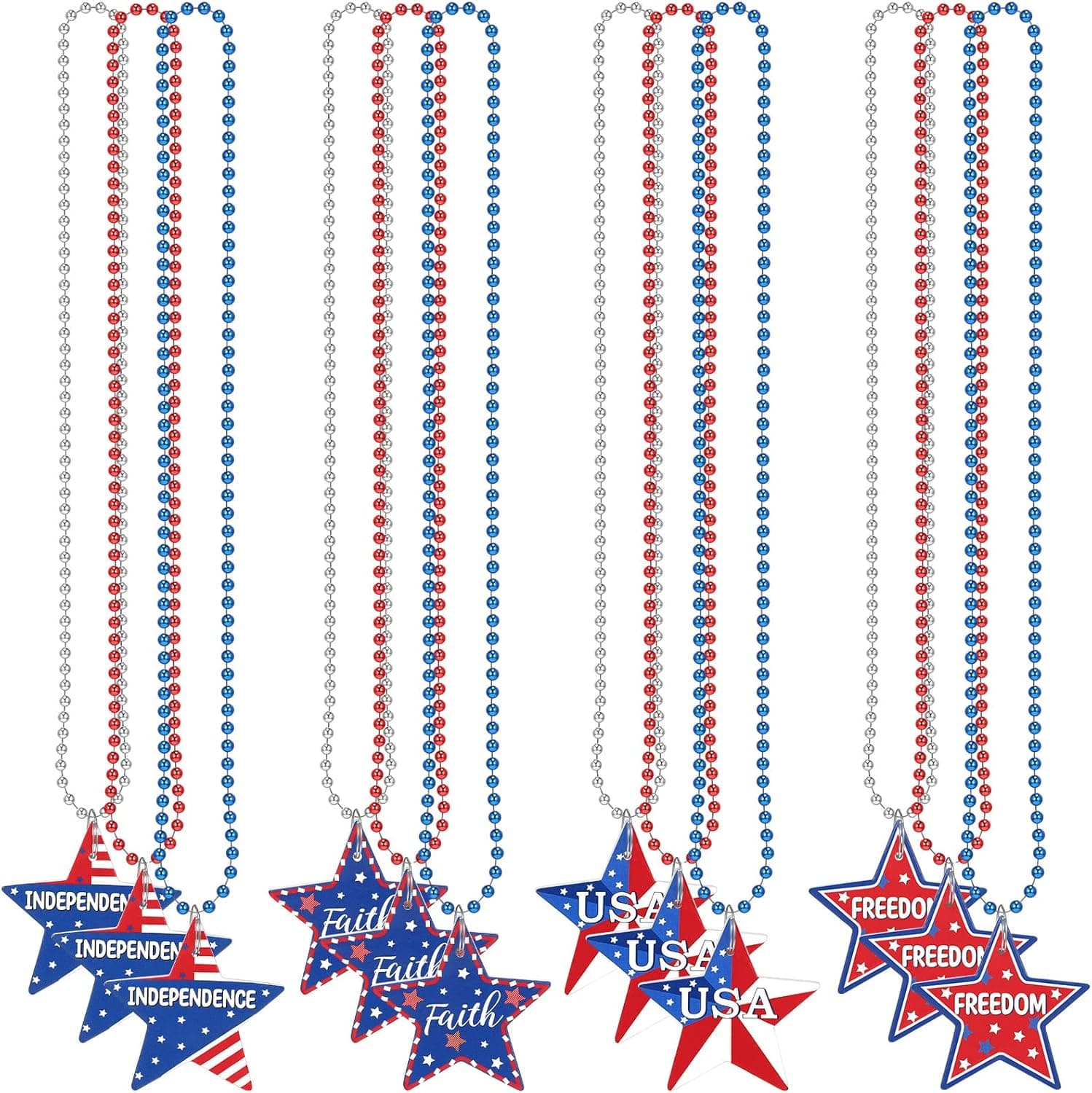 12 Pieces 4th of July Bead Necklaces Pentagram Patriotic Beaded Necklaces Red White and Blue Accessories Plastic Beads Necklaces for Independence Day Memorial Day Carnival Decorations Party Favors