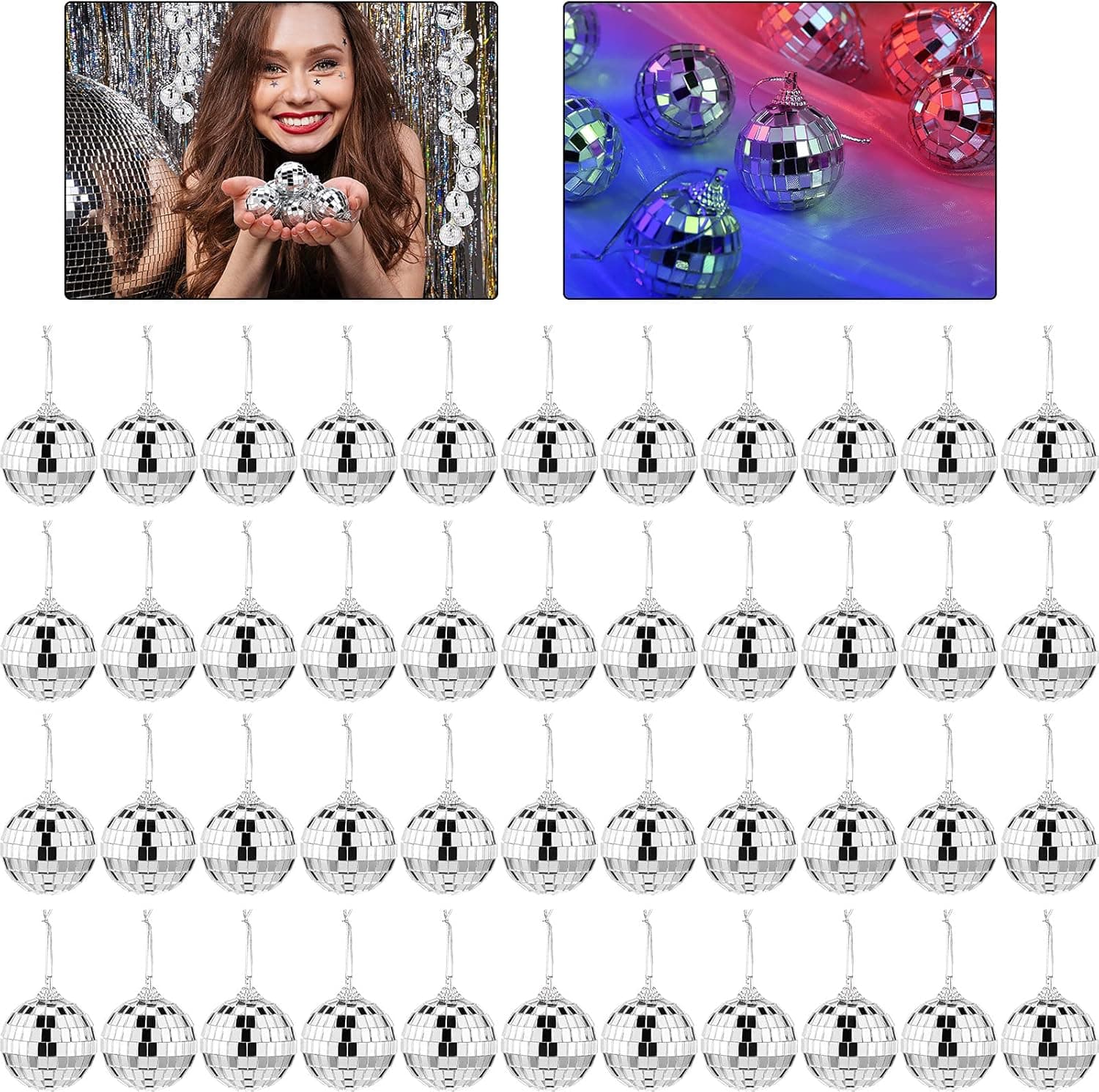 42 Pieces Mirror Disco Ball for Party Silver Hanging Disco Ball with Fastening Strap Rotating Glass Disco Ball Home Decorations Tree Ornament for Party Festival Christmas Stage (1.6 Inch Diameter)