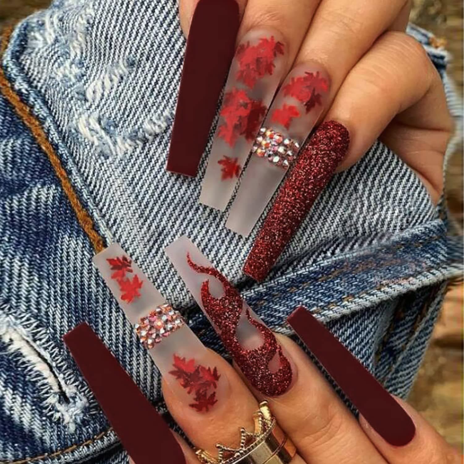 24Pcs Fall Long Press on Nail Maple Leaf Coffin Fake Nails Autumn Maple Leaves Design Glossy False Nails for Women Girls Stick on Nails with Glue on Acrylic Nail Tips