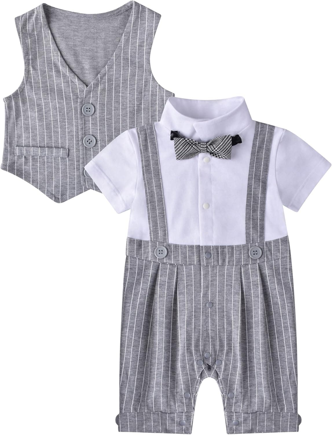 ZOEREA Baby Boy Gentleman Rompers Striped Toddler Suit 2pcs Outfit, 70CM/3-6 Months, Grey