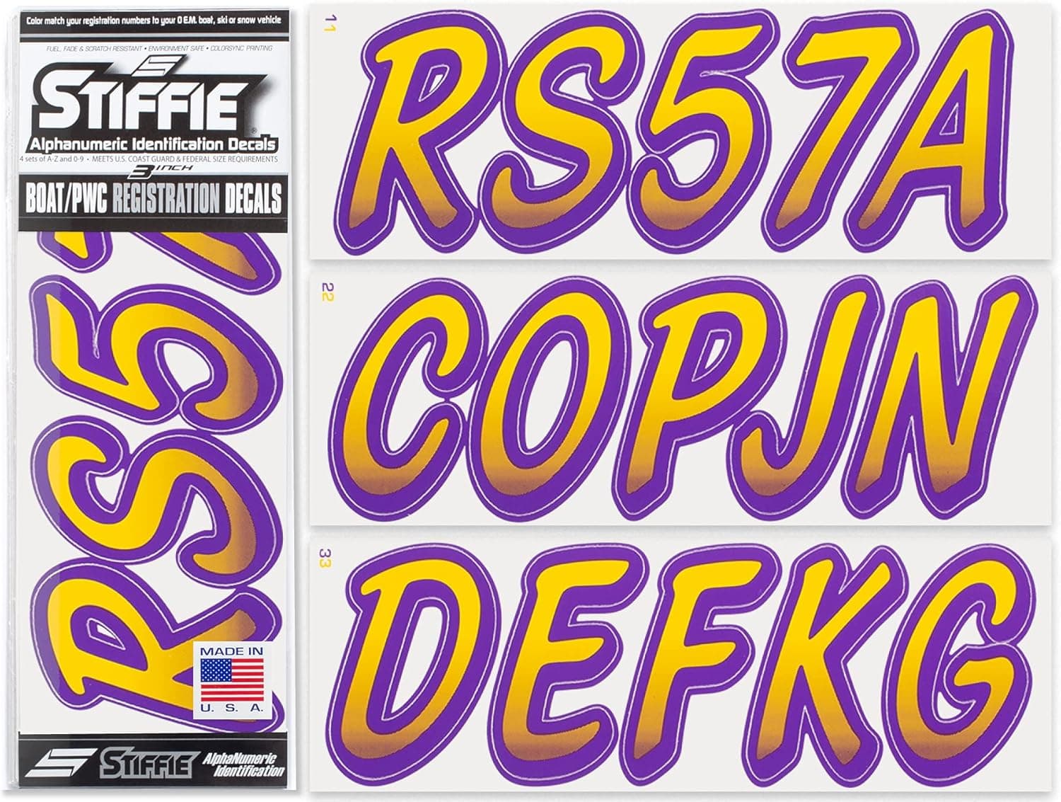 STIFFIE Whipline Yellow/Purple 3" Alpha-Numeric Registration Identification Numbers Stickers Decals for Boats & Personal Watercraft