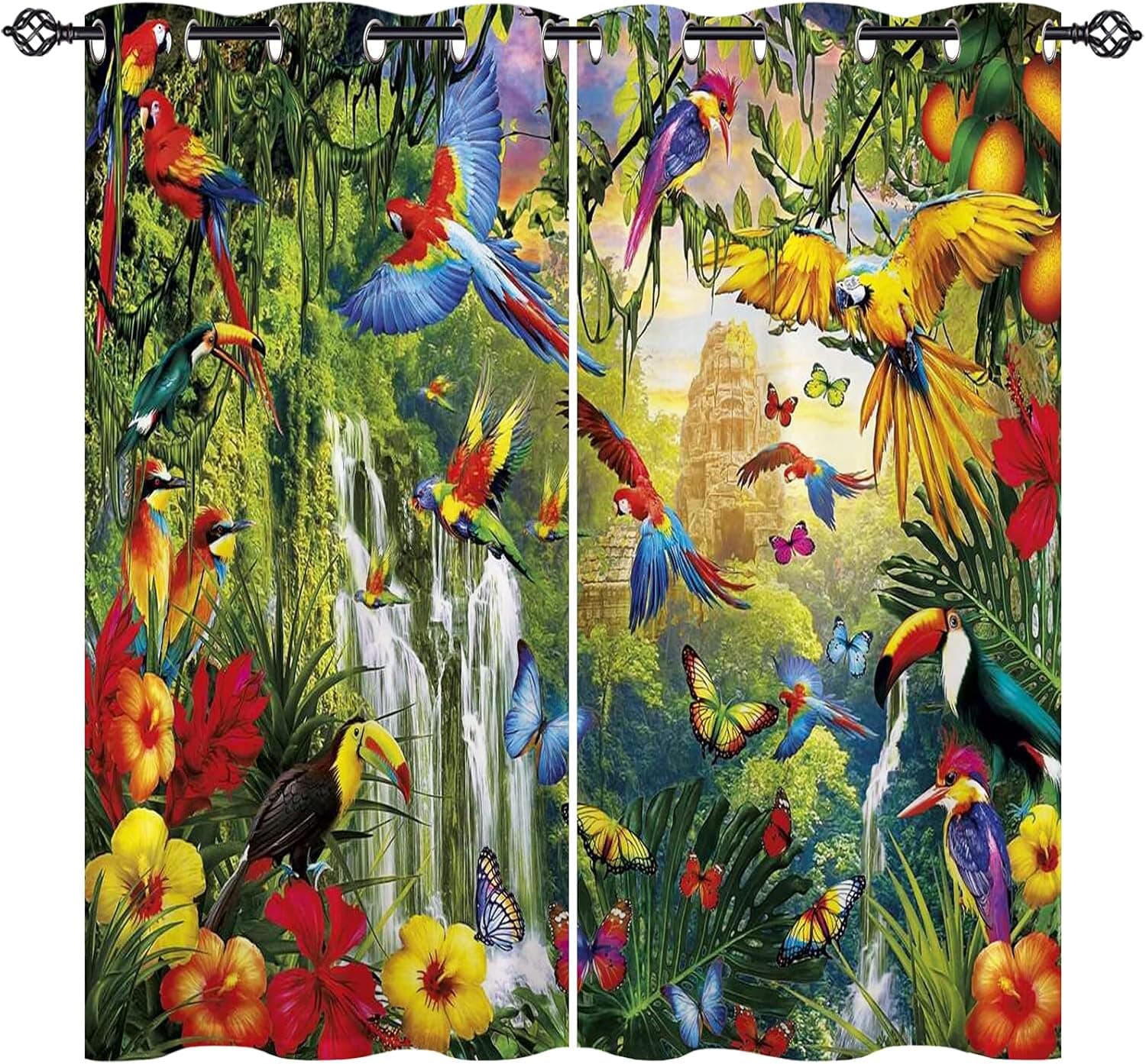 ANHOPE Parrot Curtains, Jungle Forest Animals 3D Pattern with Parrot Macaw Waterfall Tropical Plant Flower Toucan Butterfly Printed Curtains for Bedroom Living Room Window Drapes, 2 Panels, 52" x 96"