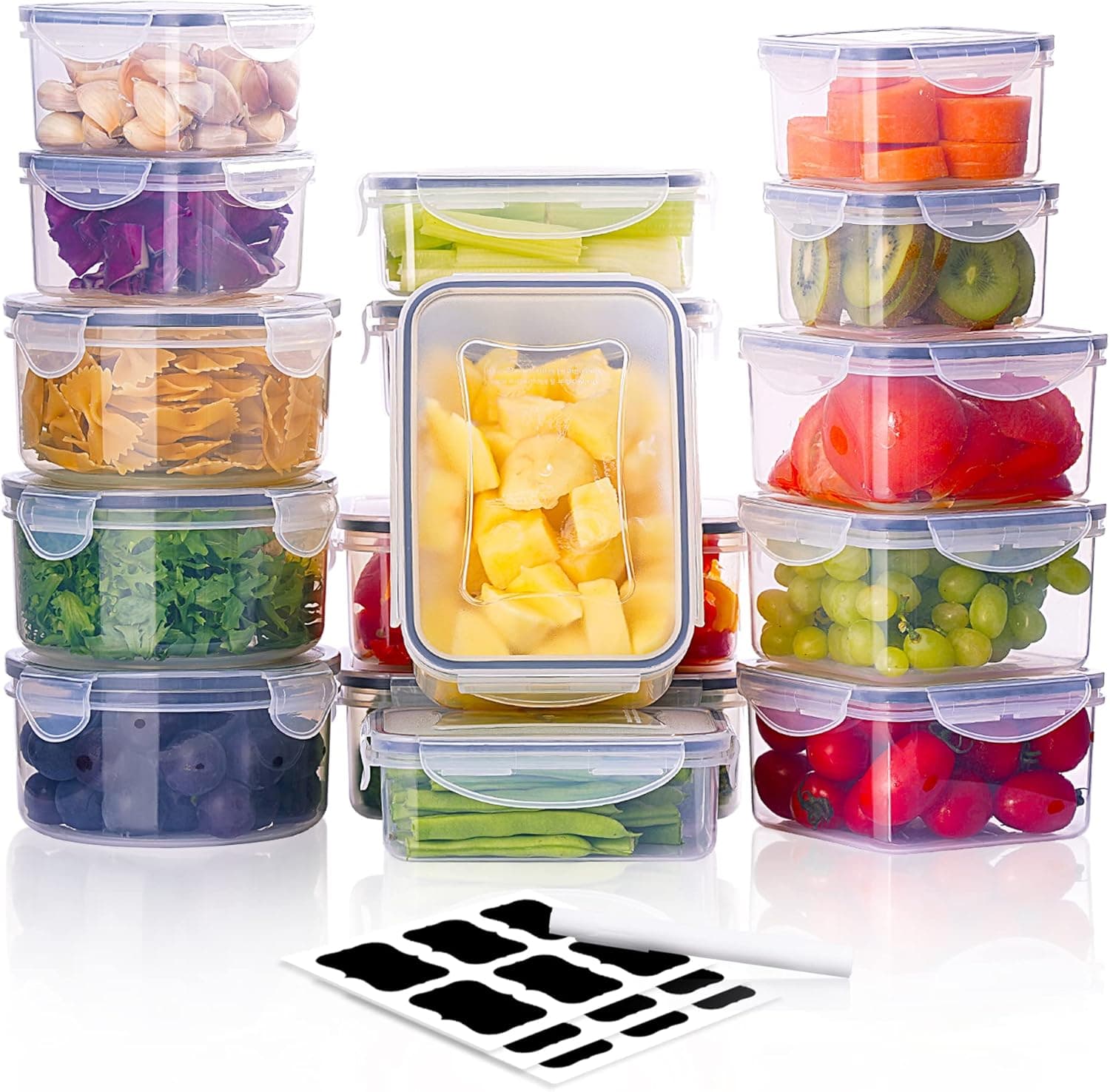 CASA LINGO Large Plastic Food Storage Container with lid, Meal Prep Airtight Containers for Kitchen and Fridge, Set of 16 Pieces Plastic Food Containers (clear)