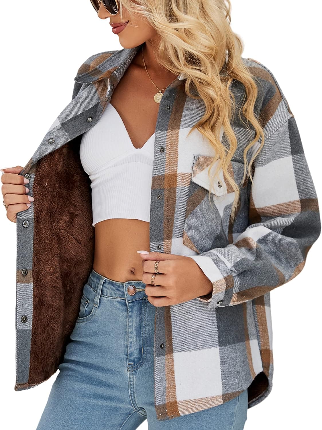APAFES Women's Winter Warm Sherpa Fleece Lined Jacket Fuzzy Flannel Plaid Shacket Shirt Coats (All Sherpa Lining)