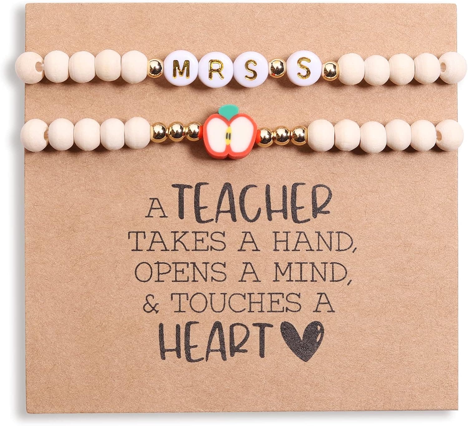 Miss Pink Personalized Teacher Appreciation Gifts Teacher Bracelet for Women, 2 Pcs Wood Beaded Bracelets Elastic Teacher Gifts, New Teacher Must Have for Women And Teen Girls