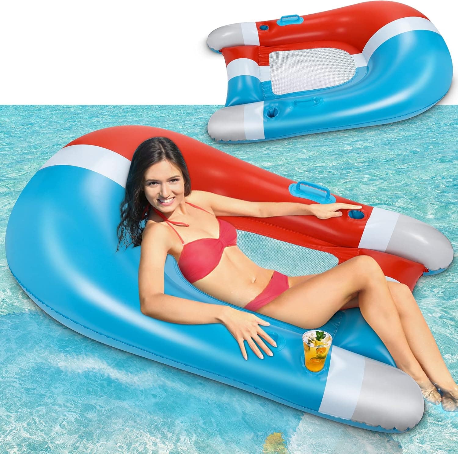 Inflatable Pool Lounger Float, 60'' Larger Beach Rafts and Floats with Comfortable Backrest and Armrest Extra Large Portable 2-Layer Leak-Proof Valve Water Hammock Lounge for Adults Pool or Lake