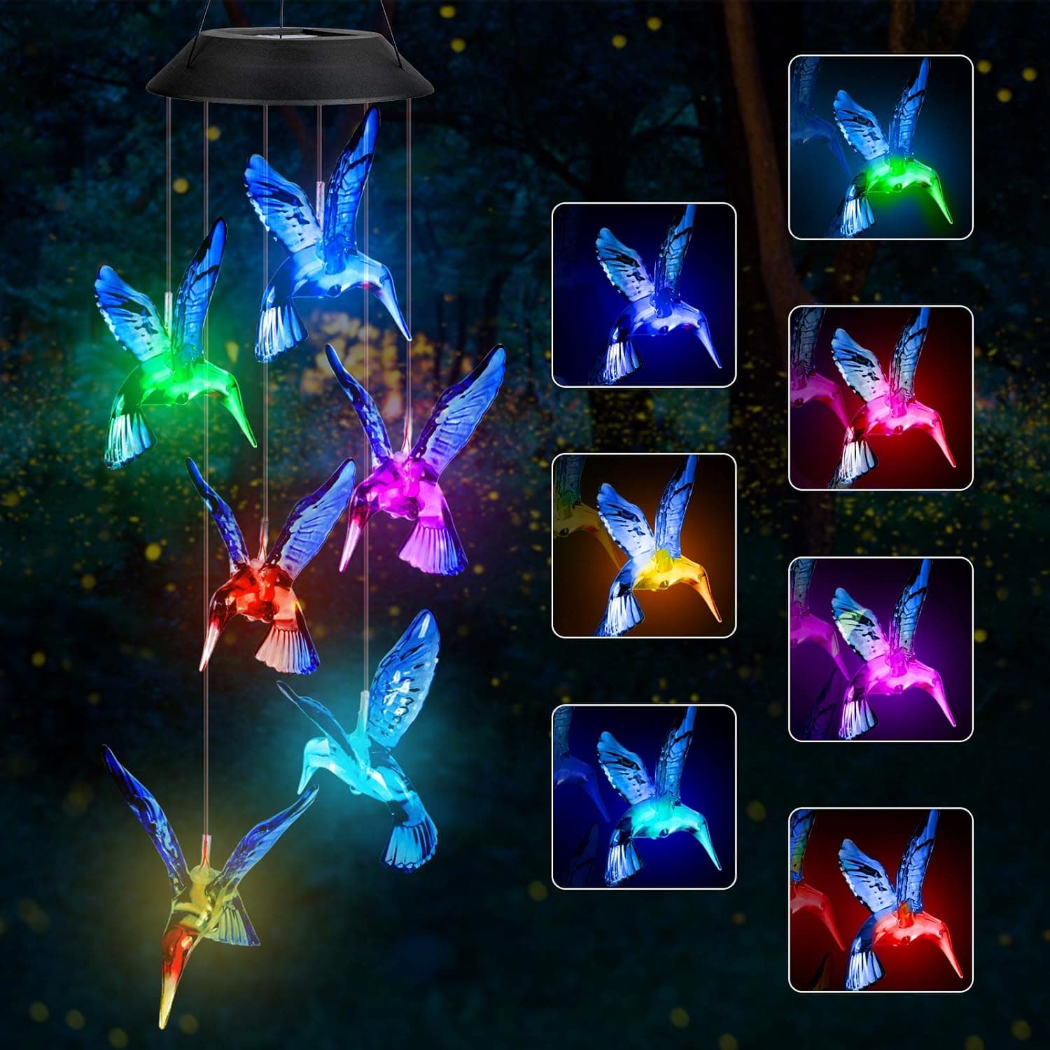 Solar Hummingbirds Wind Chime Waterproof Color Changing Solar Powered LED Mobile for Home Garden Outdoor Patio Party Night Hanging Decoration