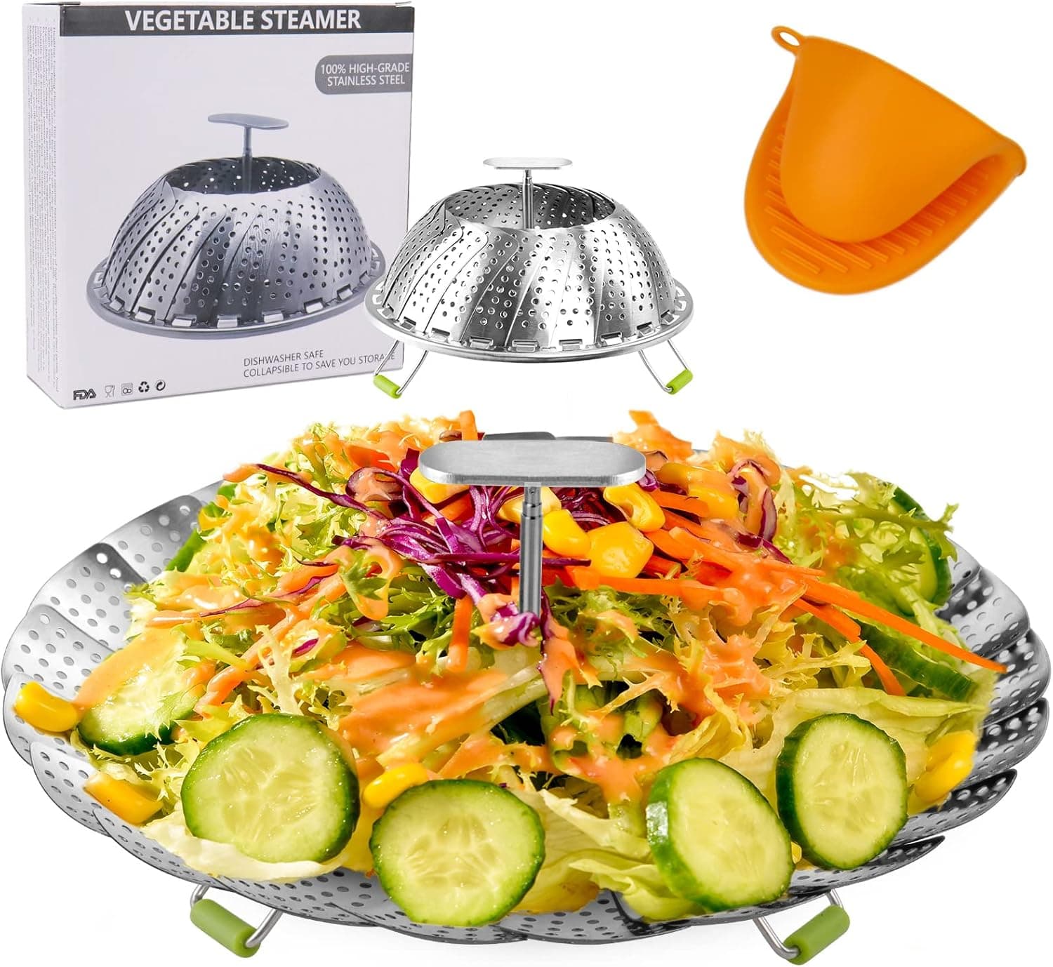 Steamer Basket Folding Stainless Steel Vegetable Steamer Expandable to Fit Various Size Pot 7" to 11" with Extending Removable Insert-Handle for Veggie Seafood Cooking Free Pinch-mitt