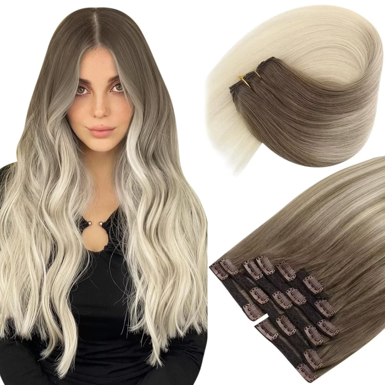 Sunny Clip in Remy Hair Extensions Balayage 16 inch Blonde Balayage Clip in Extensions Remy Human Hair Ombre Light Brown Mix Platinum Blonde 7pcs 120G/Set