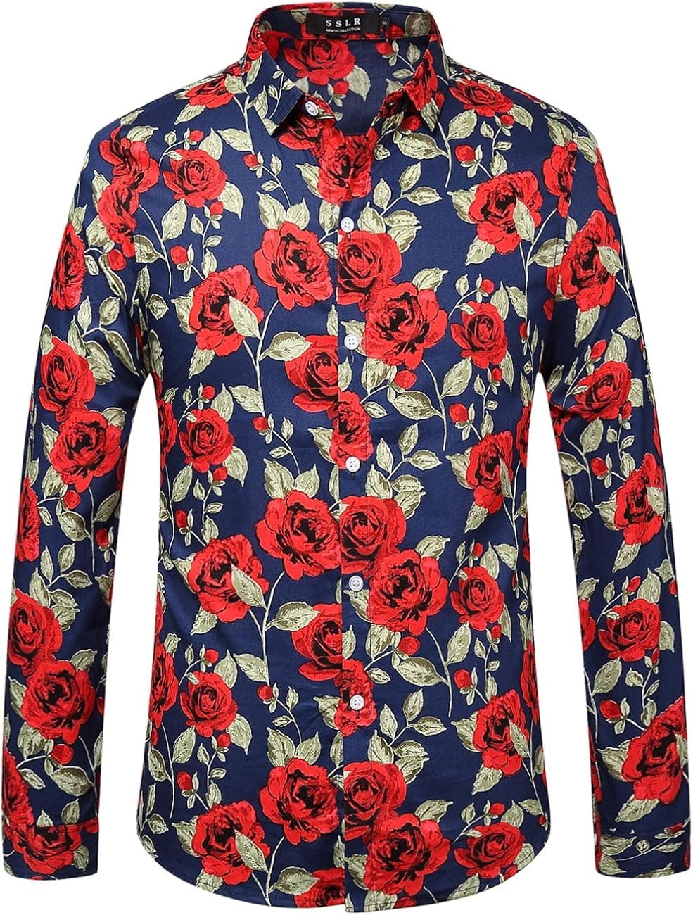 SSLR Men's Floral Cotton Button Down Long Sleeve Hawaiian Shirt
