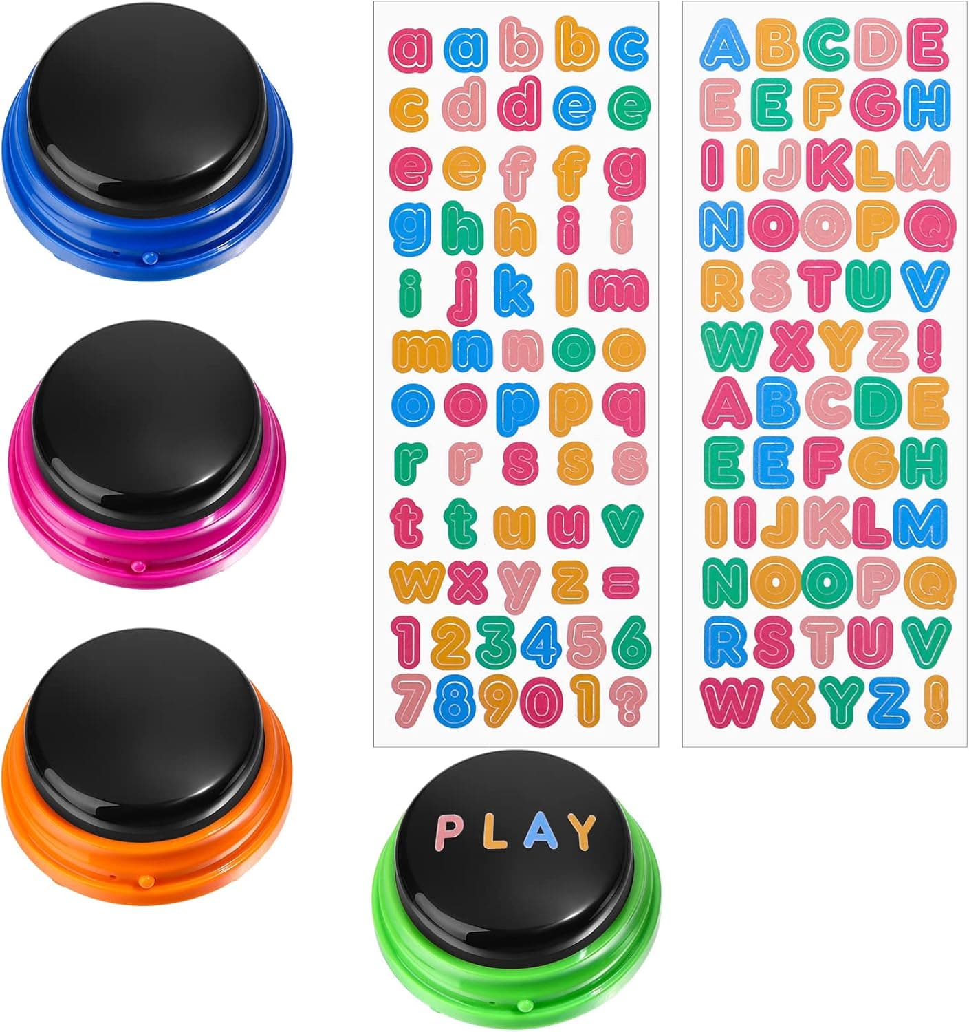 10 Pcs Recordable Answer Buzzers Kit Includes 4 Pcs Colored Buzzers Game Show Buzzers 6 Sheets Letter Stickers Alphabet Stickers for Family Game and Trivia Nights, Dog Buttons for Communications