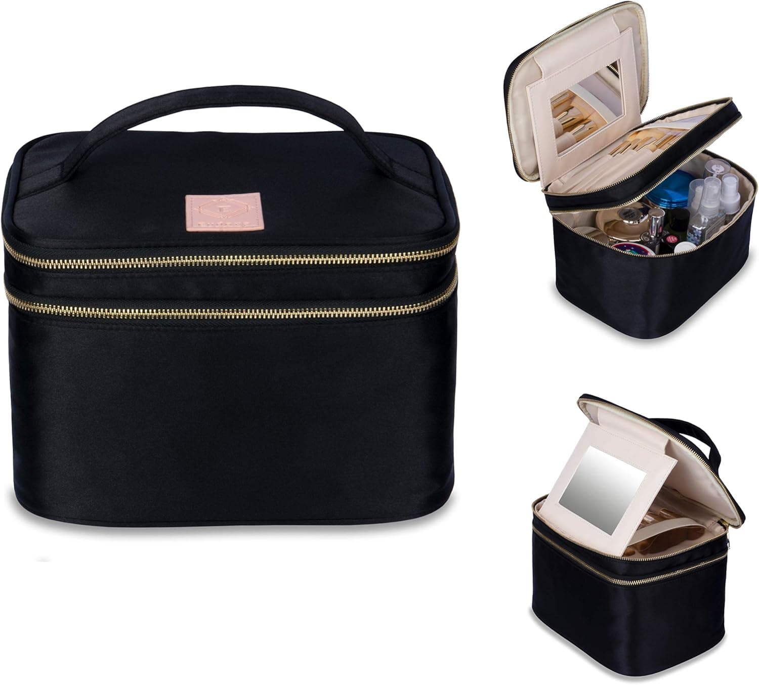 Eudora Double Layer Travel Makeup Bag, Black Nylon Satin Makeup Bag Organizer with Portable Mirror and Brushes holders, Large Cosmetic bag for Women (Black)