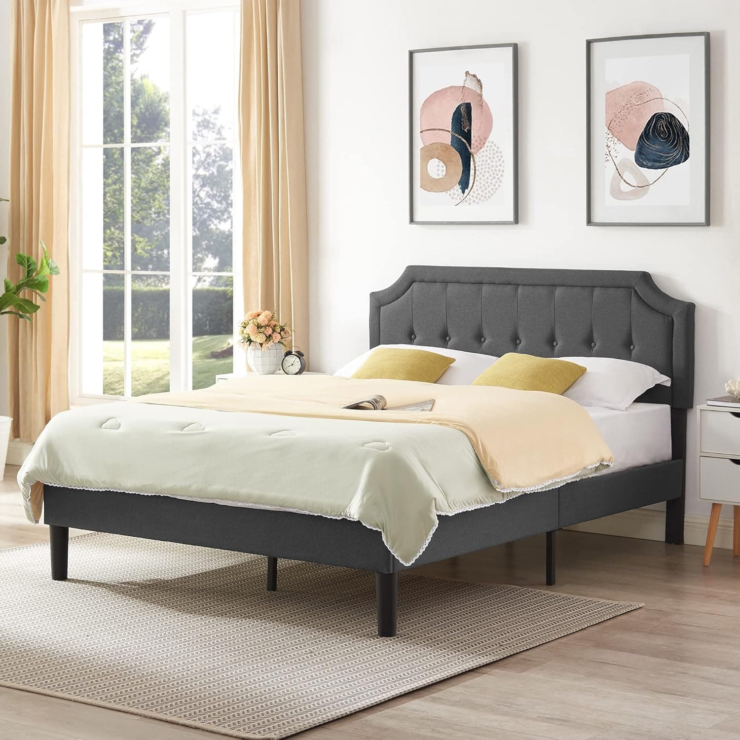 VECELO Upholstered Platform Bed Frame with Adjustable Headboard, Wooden Slats Support, No Box Spring Needed, Modern Style, Queen Size