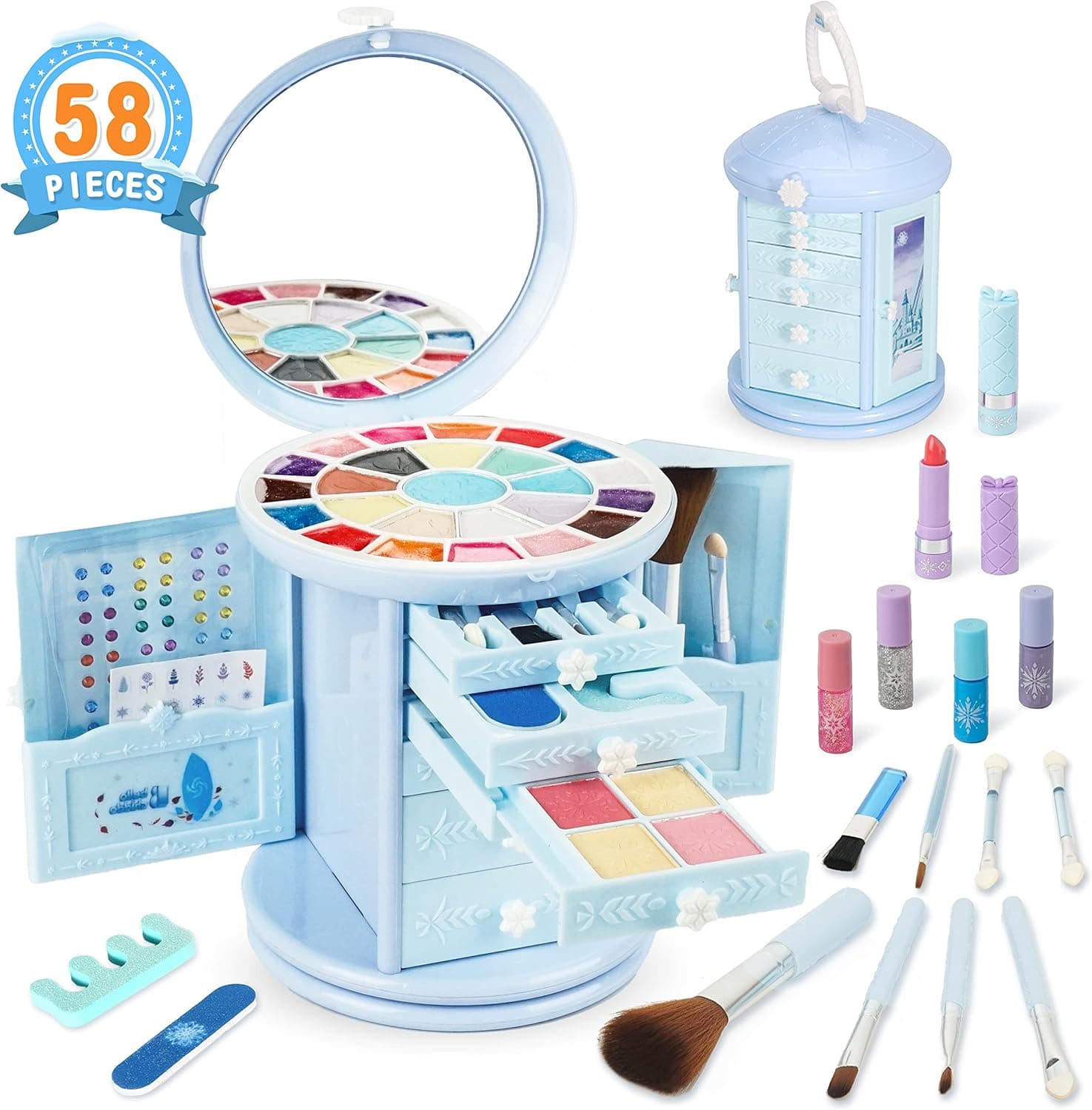 Kids Makeup Kit for Girl - BELLOCHIDDO 58pcs Washable Makeup Sets, Girl Toys Real Cosmetic Makeup Set with Rotating Case, Pretend Makeup Beauty Set Birthday Gift Girl Toys Age 4-5