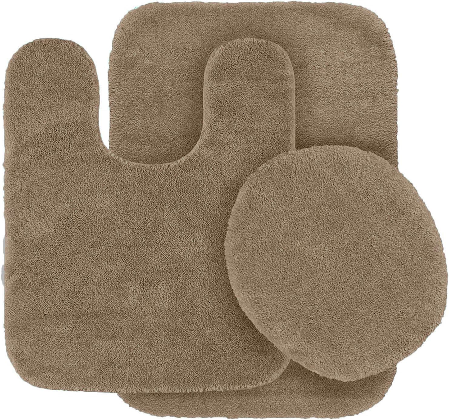 Fancy Linen 3pc Non-Slip Bath Mat Set Solid Color Bathroom U-Shaped Contour Rug, Mat and Toilet Lid Cover New #Angela (Taupe)