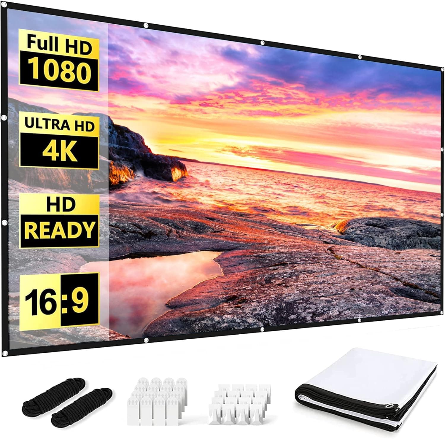 YOWHICK Projection Screen 120 inch, 16:9 Foldable Anti-Crease Portable Projector Movies Screens for Home Theater Outdoor Indoor Support Double Sided Projection, Washable