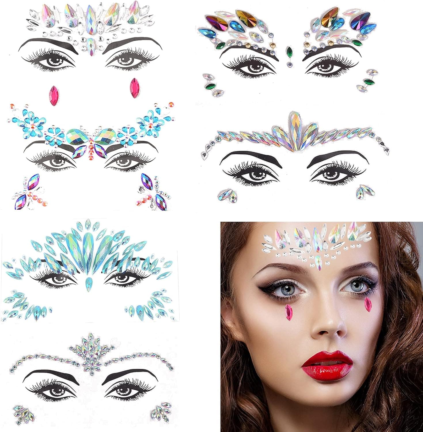 6 Sets face Jewels for Halloween, Face Gems Luminous for Women Mermaid Face Gems Glitter Stickers Waterproof Face Jewels for Party,Rave Festival, Dress-up