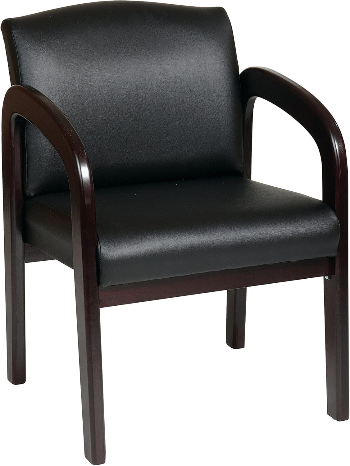 Office Star Visitors Chair with Espresso Finish Base and Arms, Black Faux Leather (Model: WD388-U6)