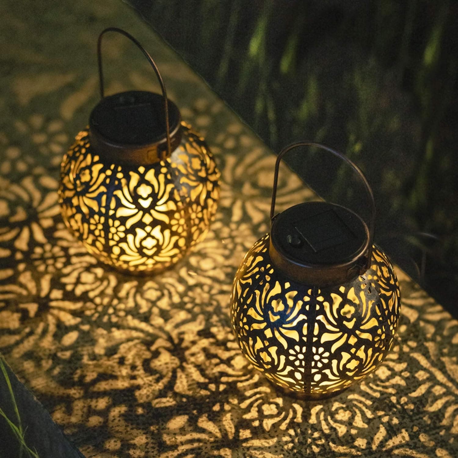 Rolife 2 Pac Outdoor Bronze Hanging Solar Lantern, Automatic Charging LED Lights, Retro Garden Metal Décor for Balcony, Yard, Porch, Tree, Pathway (Antique Bronze)