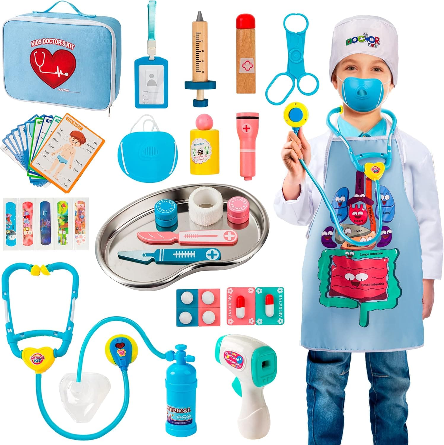 Kids Doctor Kit ,Doctor Kit for Toddlers 3-5 Doctor Playset for Kids with Wooden Syringe, Stethoscope, Stainsteel Tray, Organ Apron Doctor Roleplay, Signable Washable Medical Bag for Kids Toddlers
