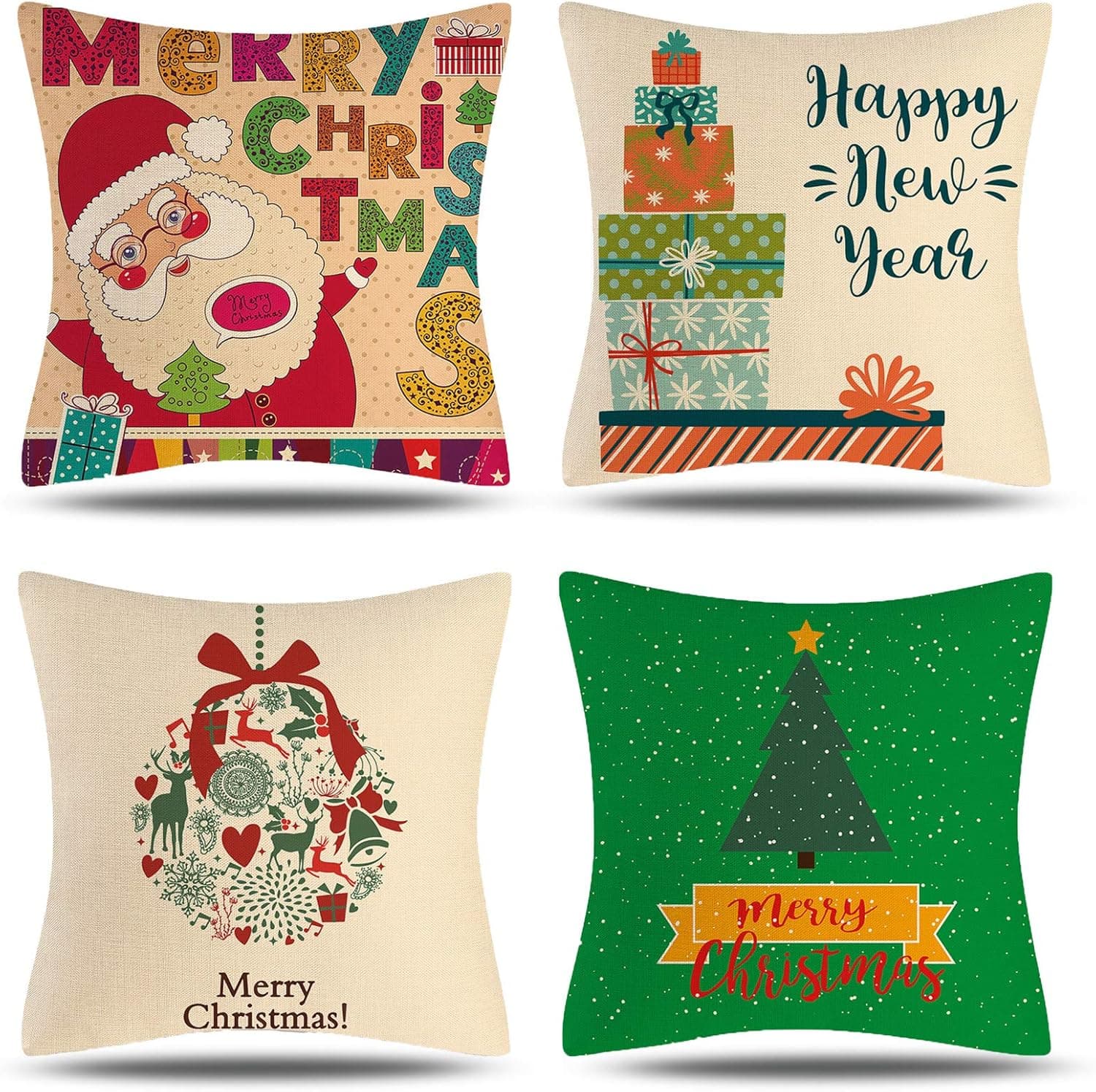 Christmas Decorative Pillow Covers 18x18 Set of 4 Home Decor Throw Pillows for Couch Cushion Cover Winter Holiday Linen Santa Claus, Gift, Christmas Tree Bells Design Pillow Case Farmhouse Decorations