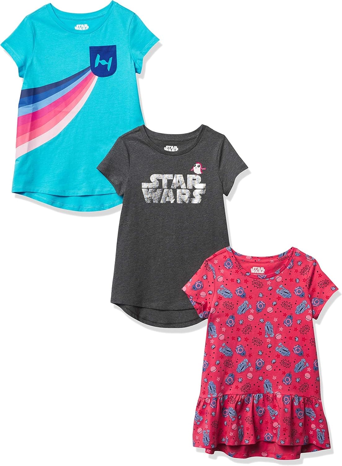 Amazon Essentials Disney | Marvel Frozen | Princess Toddler Girls' Short-Sleeve Tunic T-Shirts (Previously Spotted Zebra), Pack of 3, Pink/Grey/Blue/Star Wars/Rainbow, 4T