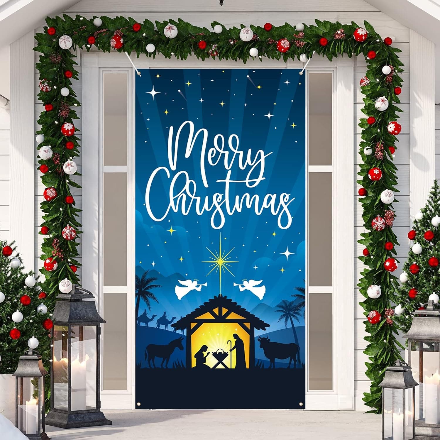 DAZONGE Nativity Scene Outdoor Christmas Decorations, Merry Christmas Door Cover, Holy Night Christmas Decor - Religious Manger Scene Christmas Banner/Backdrop for Front Door Photo Booth Props