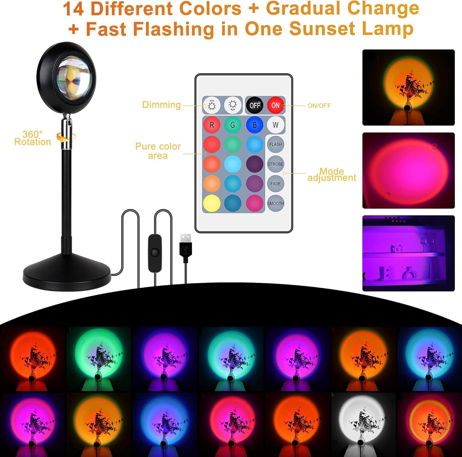 Yorulory Sunset Projection Lamp with Remote,Sunset Lamp,USB Rainbow Projection Lamp Romantic Visual Led Light for Photo Vlog Background Bedroom Home Indoor Party (Changeable Color)