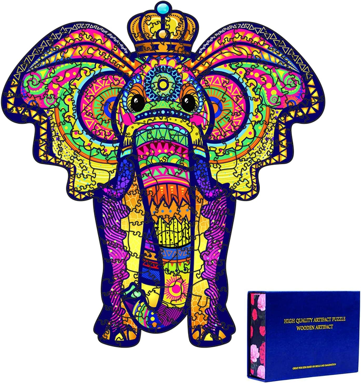 Wooden Jigsaw Puzzles for Adults and Kids, Big Size Decorative Elephant Wooden Puzzle, 200 Unique Animal Shaped Jigsaw Pieces (10.24 x 10.95in), Best for Family Games and Gifts