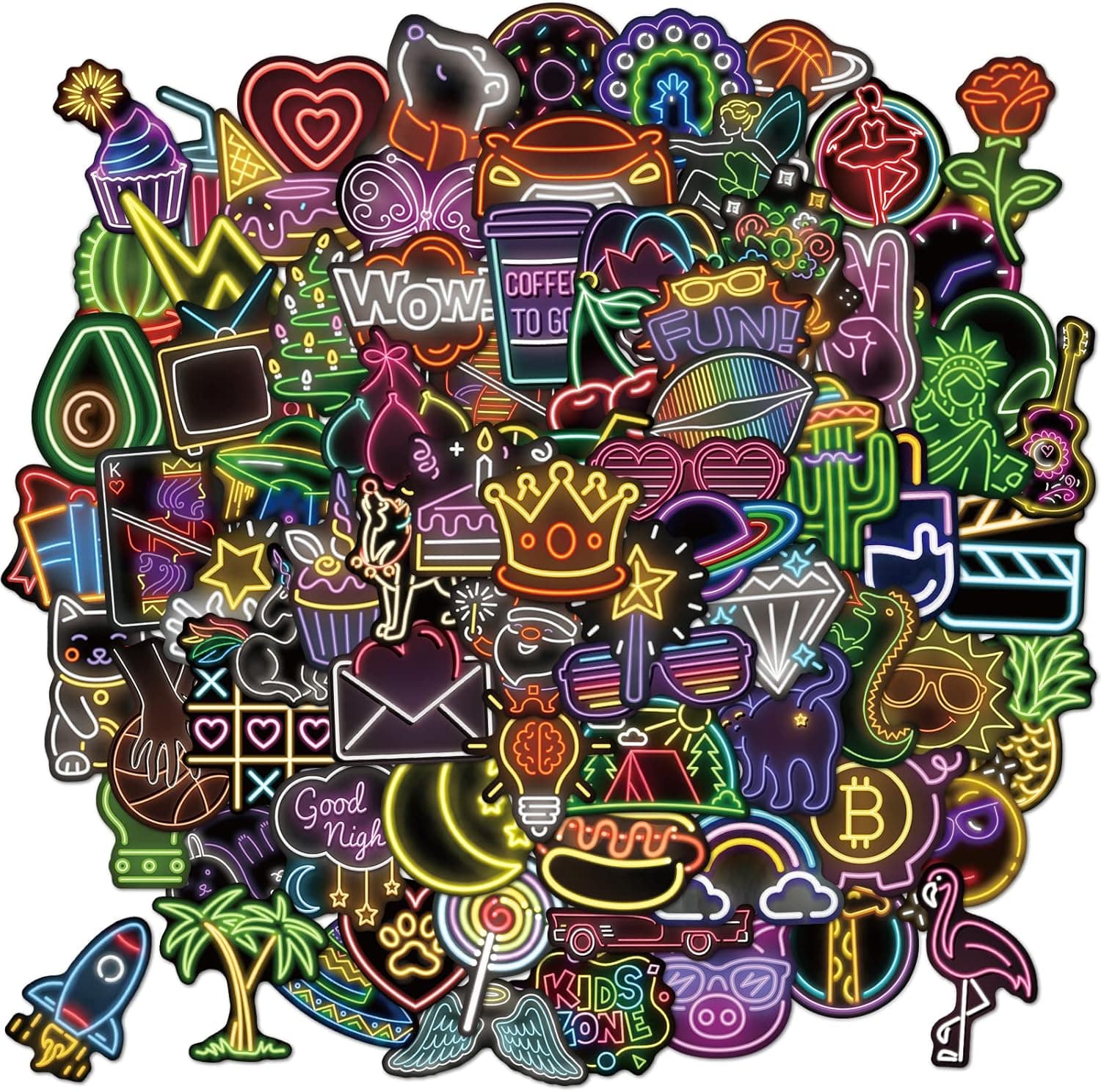 80pcs Neon Stickers Waterproof Vinyl Stickers for Water Bottle Laptop, Neon Theme Party Supplies