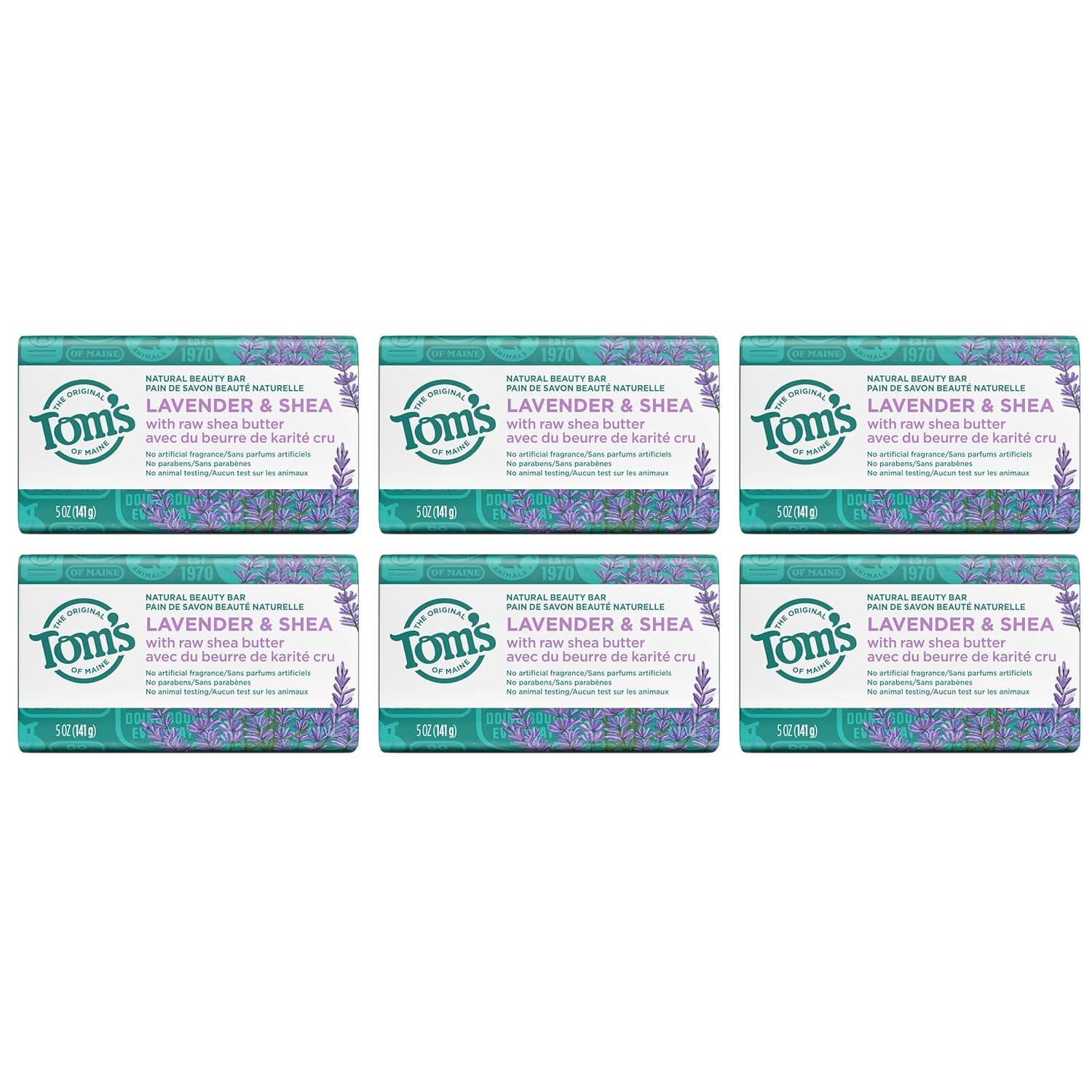 Tom's of Maine Natural Beauty Bar Soap, Lavender & Shea With Raw Shea Butter, 5 oz. 6-Pack