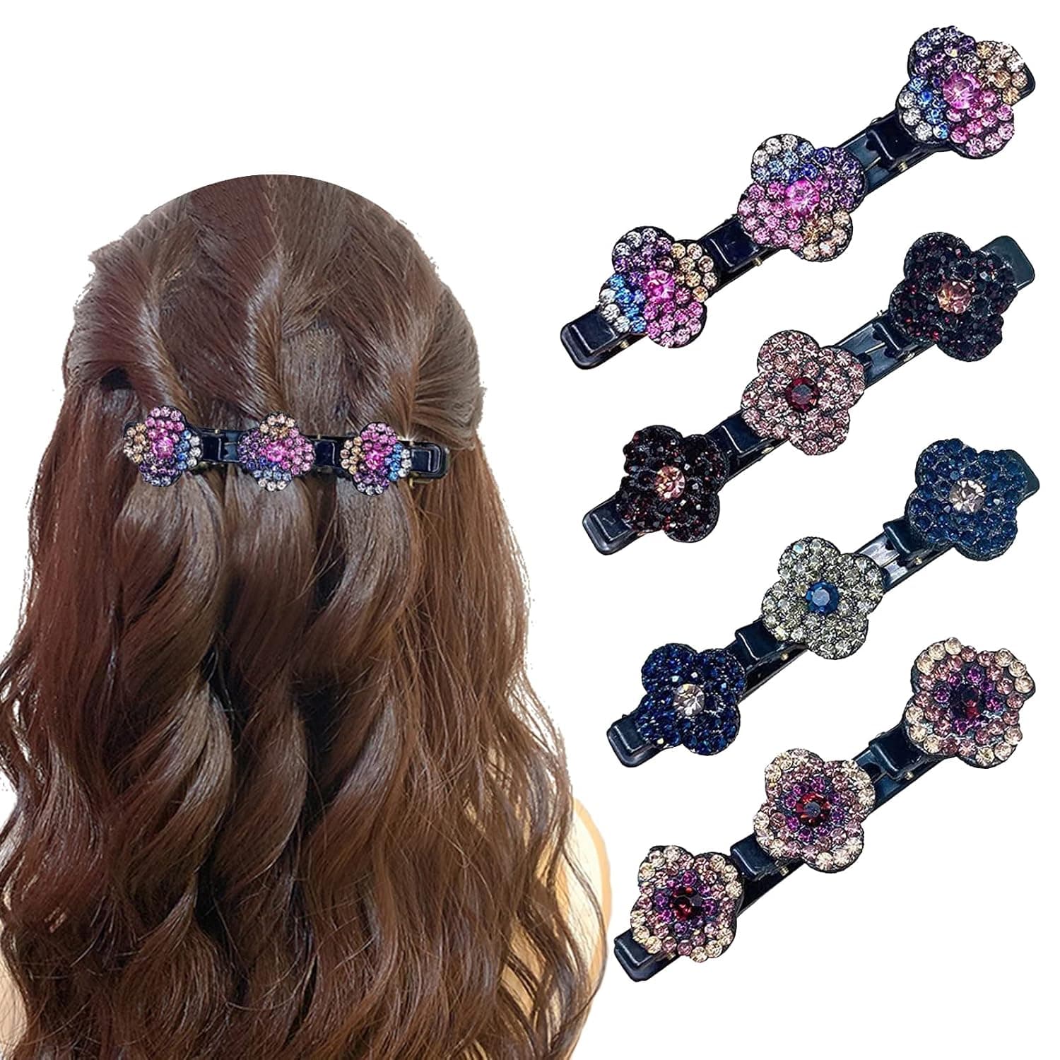 4PCS Sparkling Crystal Stone Braided Hair Clips, Four-Leaf Clover Chopped Hairpin Duckbill Clip with 3 Small Clips, Braided Hair Clip with Rhinestones for Women/Girls
