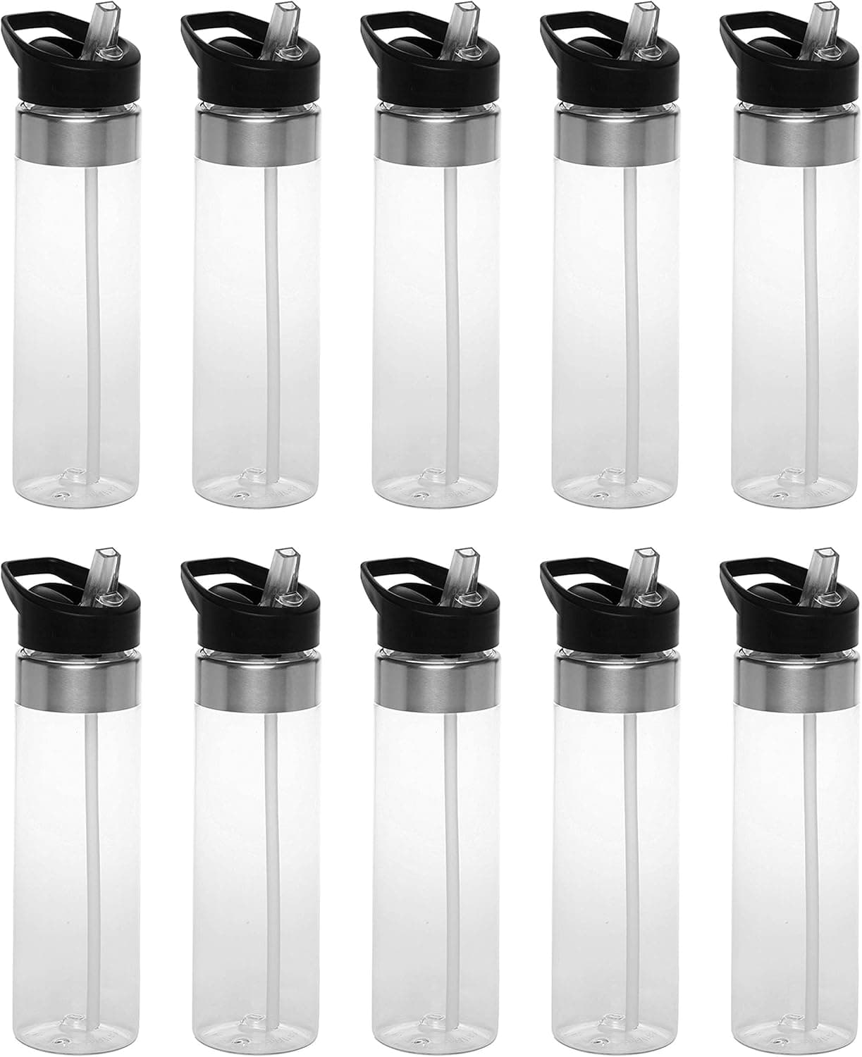 DISCOUNT PROMOS Plastic Water Bottle 24 oz with Inside Straw - BPA Free, Screw-On Cap, Flip Top Nozzle Mechanism - Slim Translucent Body - Eastman Tritan Copolyester - Clear - 10 Pack