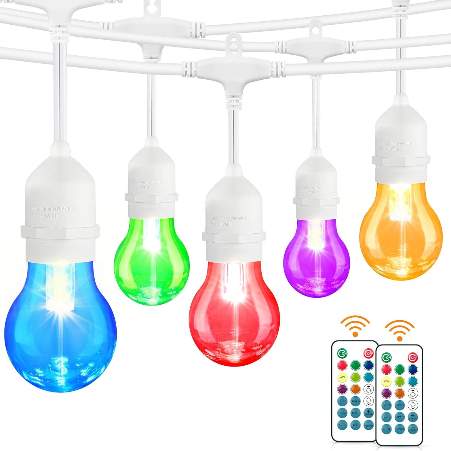 48FT Outdoor RGB String Lights, Colored Patio LED String Light with 15+3 Dimmable Shatterproof Edison Bulbs, Commercial Light String Waterproof for Cafe Backyard Garden Gazebo, 2 Remote, White Cord