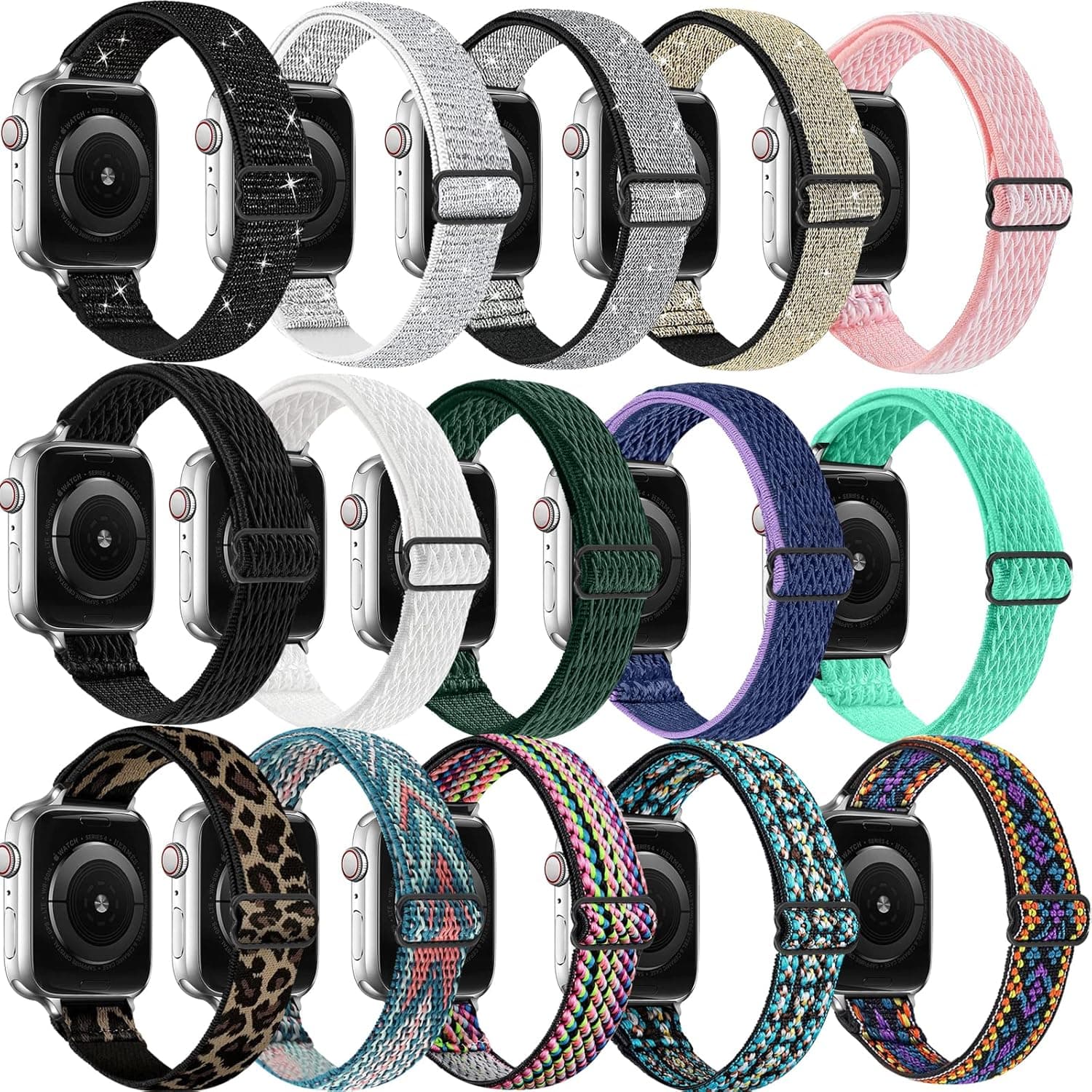 [15 Packs] Osber Stretchy Nylon Solo Loop Bands Compatible with Apple Watch 42mm 44mm 45mm, Adjustable Braided Sport Elastic Wristbands Women Men Straps for iWatch Series 7/6/5/4/3/2/1/SE