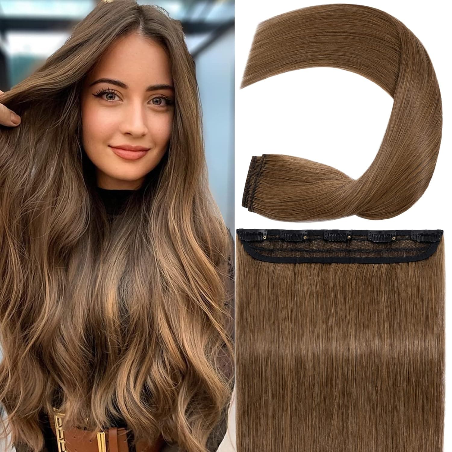 S-noilite Clip in Human Hair Extensions Clip in Hair Extensons 100% Real Human Hair One Piece/5 Clips 3/4 Full Head-Thicker Hair Clip Standard Weft Straight Soft(20"-95g, 06 Light Brown)