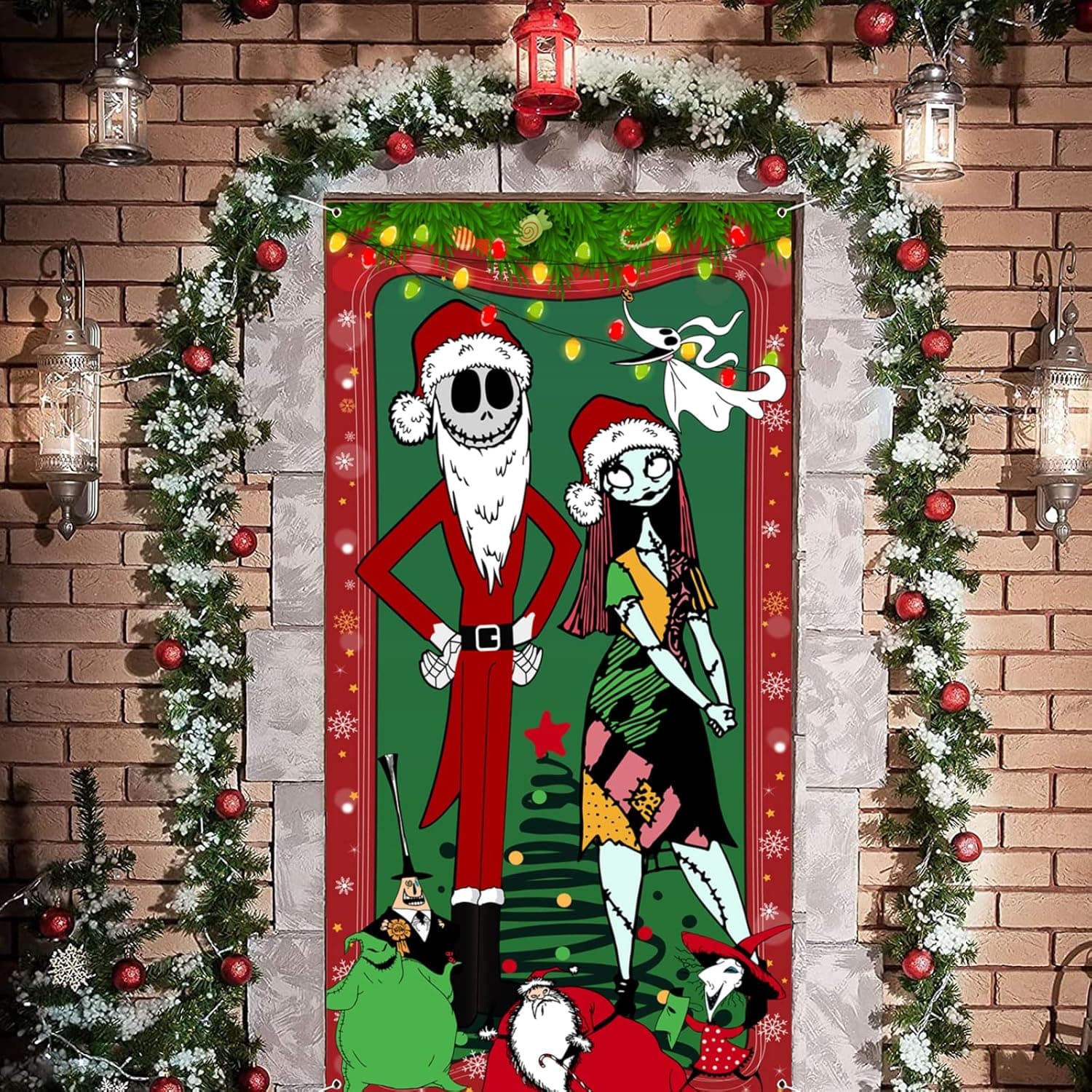 Nightmare Before Christmas Door Cover Jack and Sally Xmas Backdrop Decorations for Winter Holiday Indoor Outside Front Door Party Supplies Porch Sign-70.9 x 35.4Inches