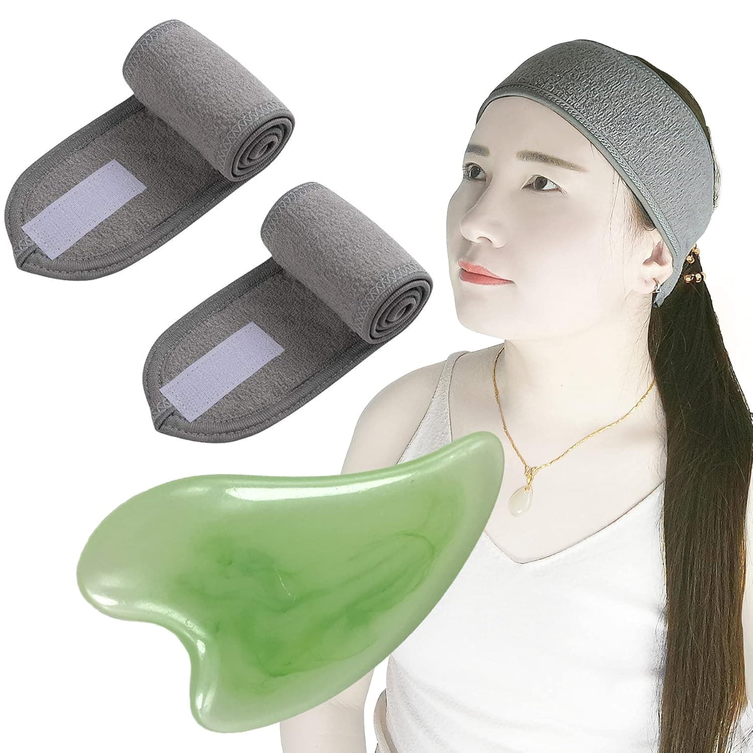 Spa Facial Headband Artyunt Head Wrap Terry Cloth Headband 2 Counts Stretch Towel With 1 Gua Sha Board Facial Tool for Bath, Massage, Makeup and Acupuncture Therapy(Gray+Gray+Green gua sha)