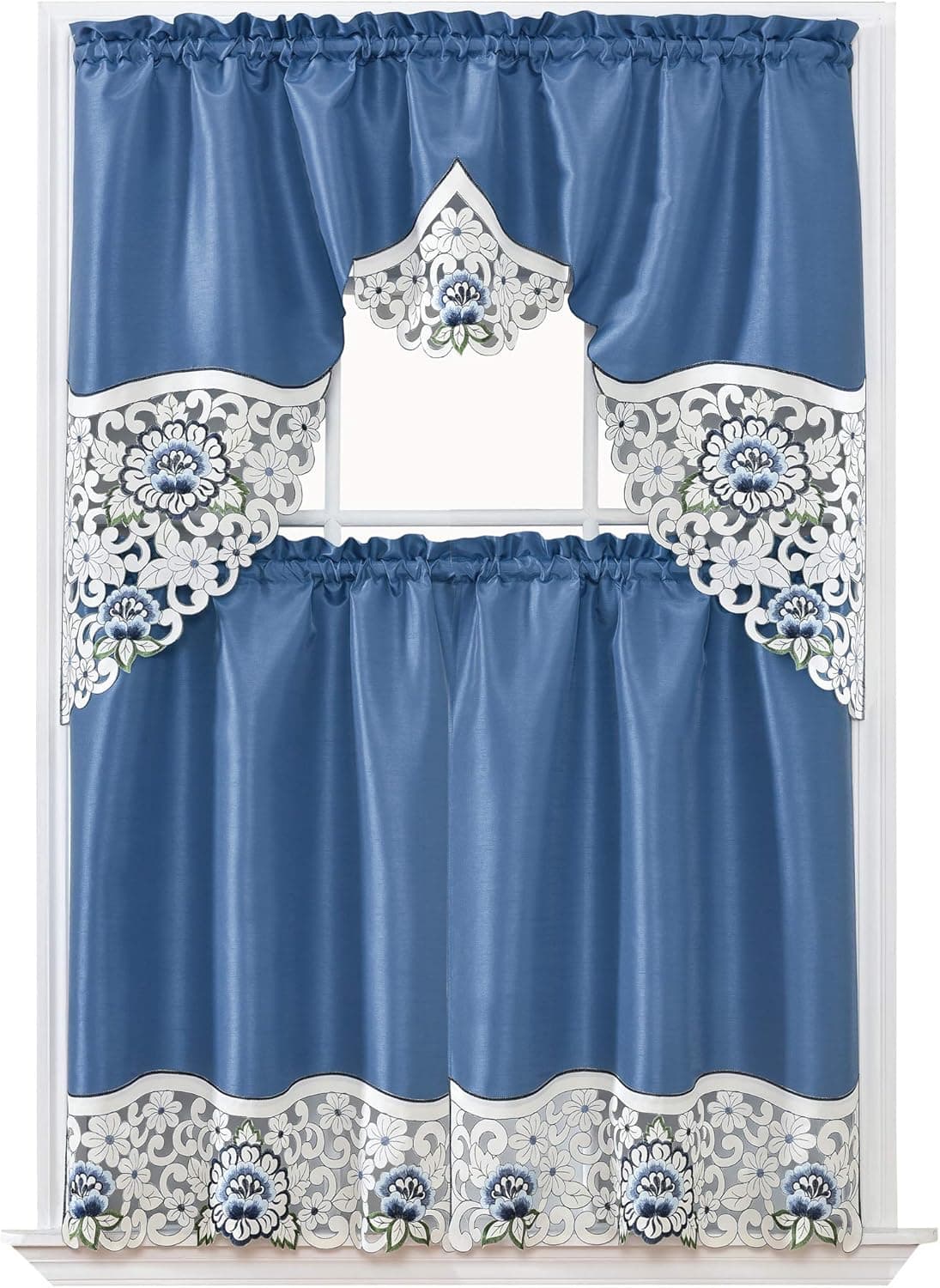 GOHD Summer Passion Kitchen Curtain Set/Swag Valance & Tier Set. Nice Matching Color Rose Embroidery on Border with cutworks (Riverside Blue)